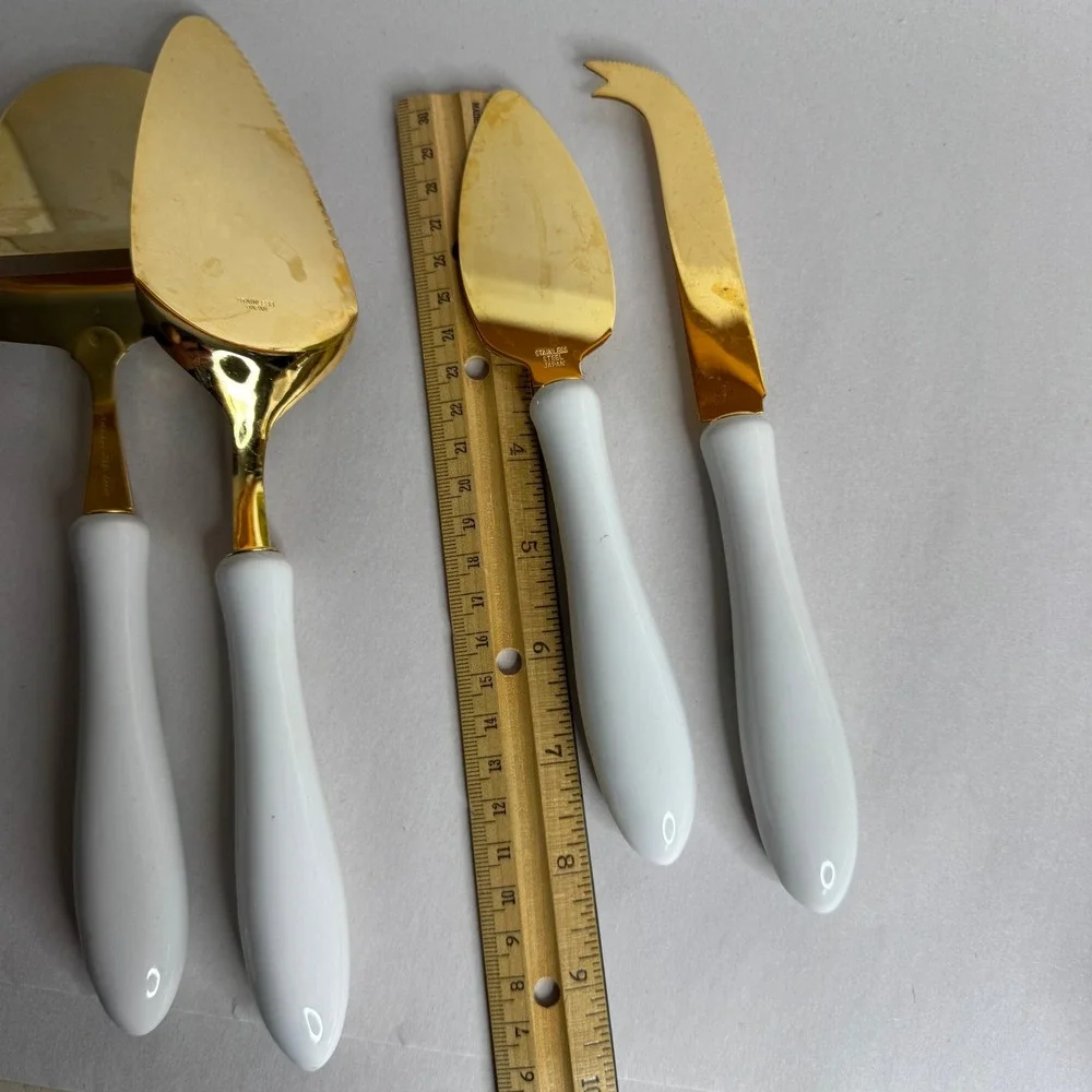Vtg Christmas Holly Gold‎ Cheese Knife Pie Set 4pc Stainless Steel Japan Holiday